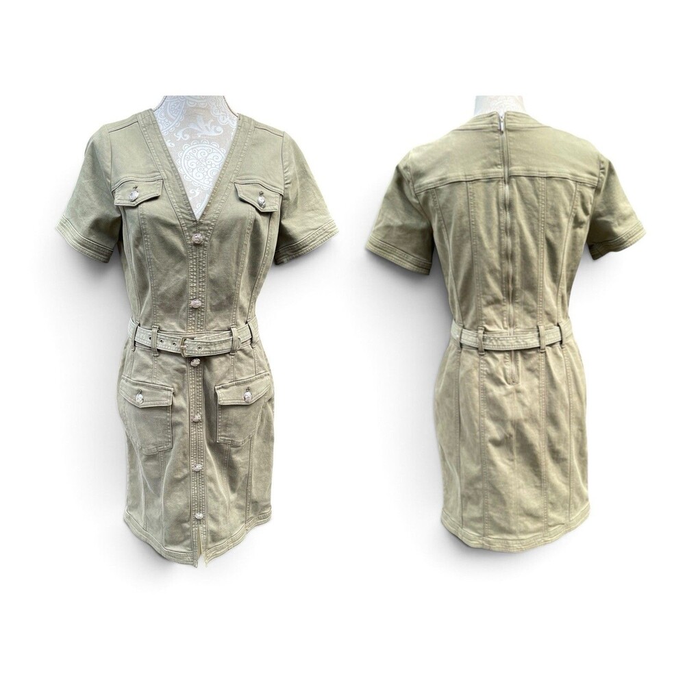 WHBM Stretch Denim Forever Olive Utility Military Shirt Dress Sz 8 NWT